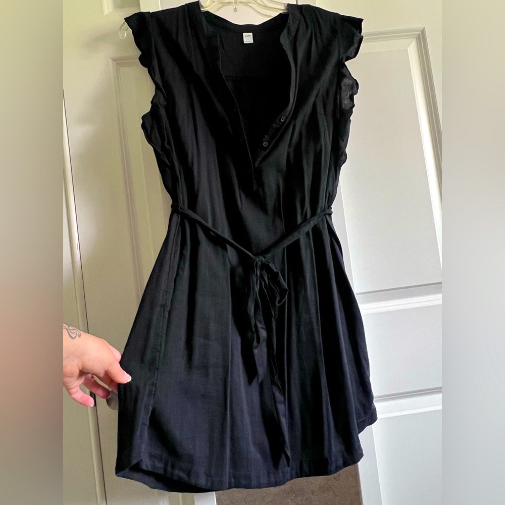 L - Black - Ruffle Sleeve & Tie Waste Midi Mini Dress - Old Navy
